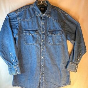 SALE‼️KEY MENS VINTAGE DENIM PEARL SNAP 100% COTTON WORKSHIRT SIZE LARGE/TALL